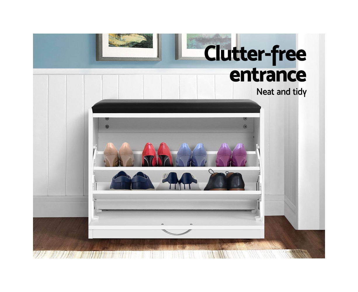 Modern White Shoe Cabinet Bench 15 Pair Shoe Organizer with Drawer