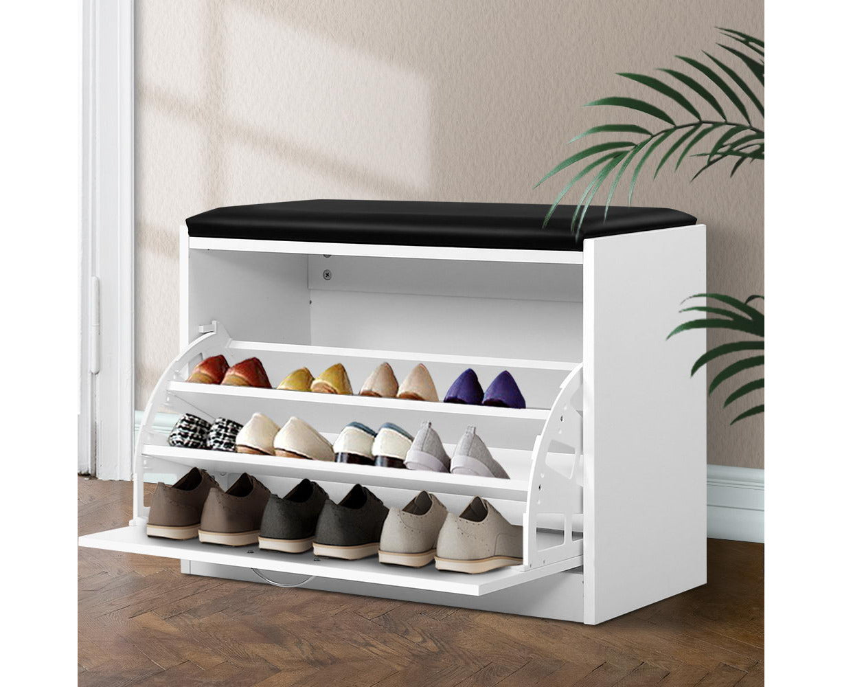 Modern White Shoe Cabinet Bench 15 Pair Shoe Organizer with Drawer